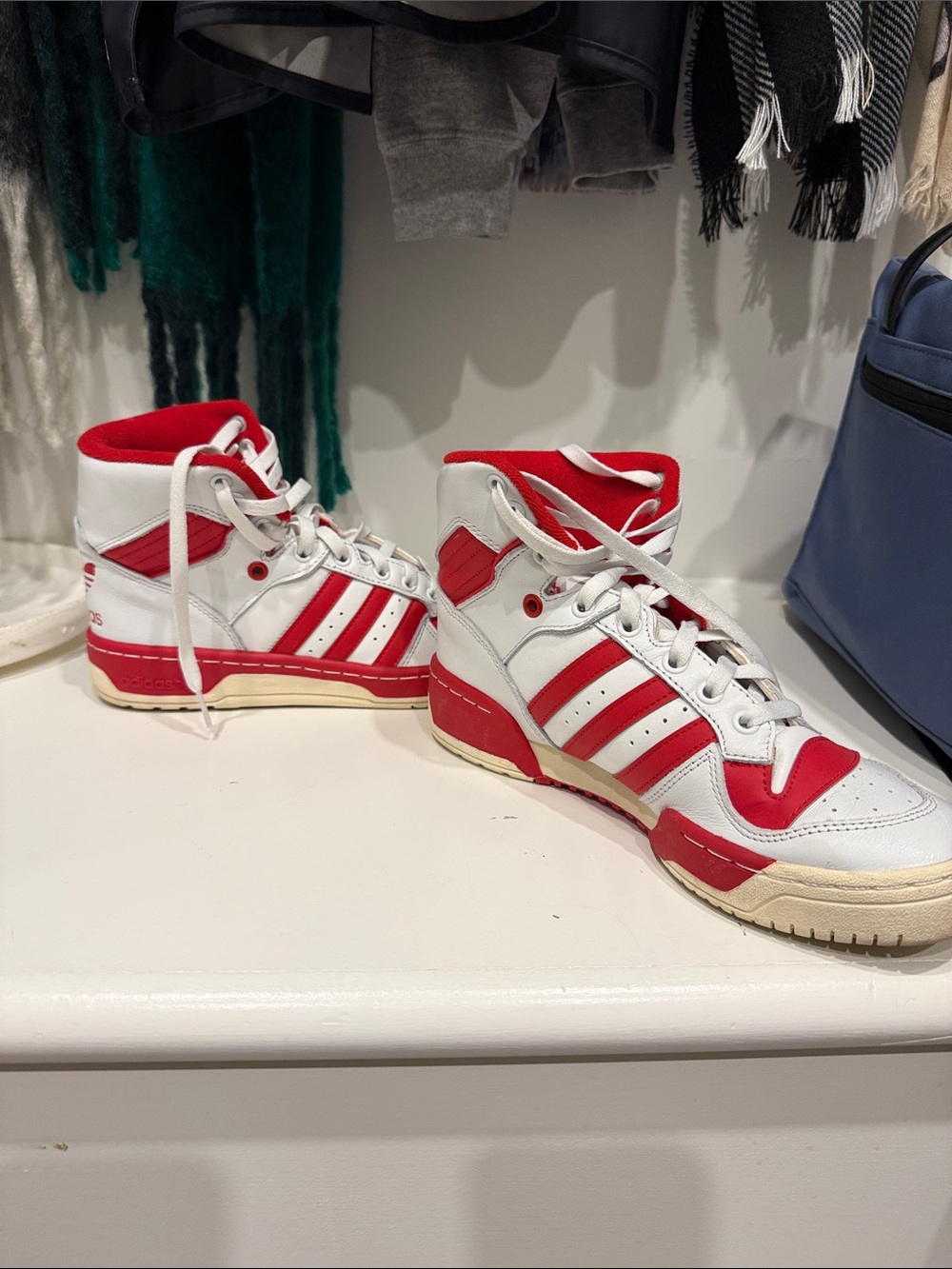 adidas White and Red High-Top Sneakers with Classic Three Stripes - Picture 3 of 4
